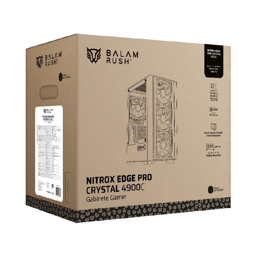 GABINETE GAMER BALAM RUSH NITROX EDGE PRO CRYSTAL 4900C / MINI TORRE / MICRO-ATX, MINI ITX / INCLUYE 3 VENTILADORES ARGB 120 MM / CRISTAL TEMPLADO / NEGRO / BR-943888