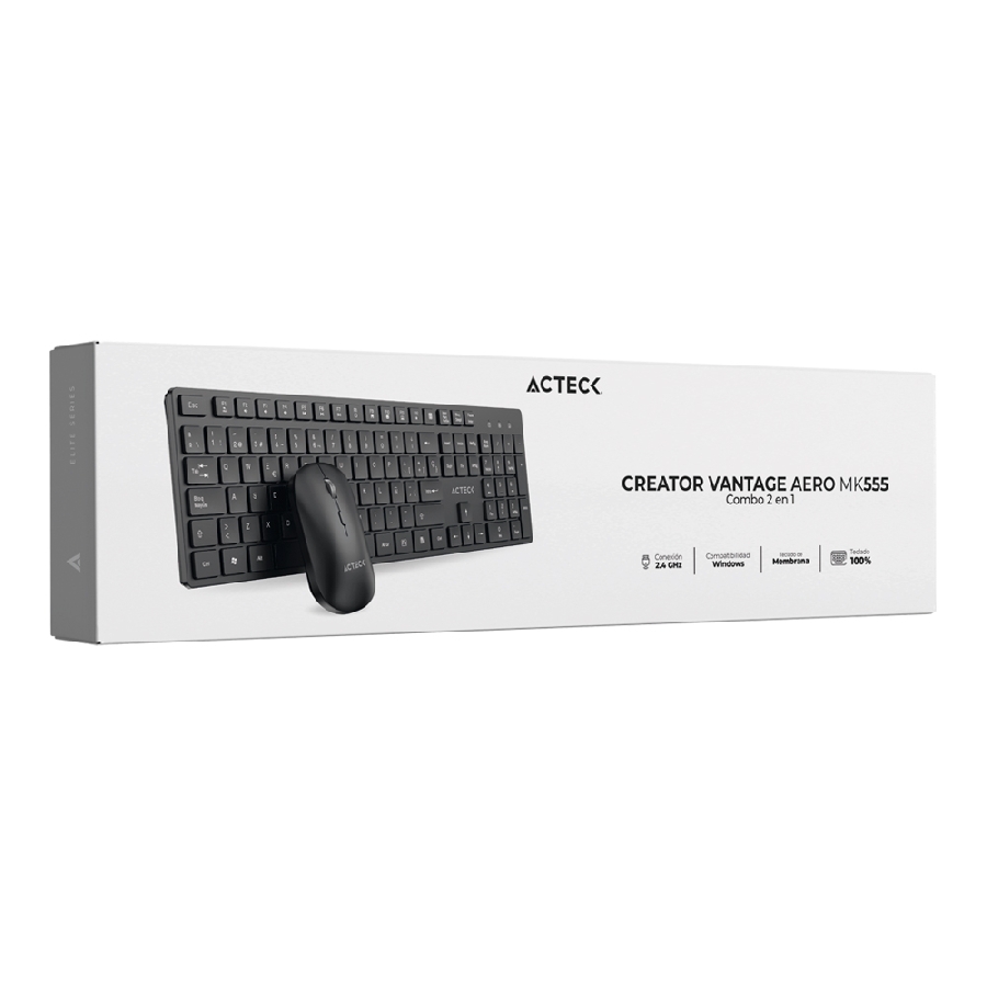 [KB-1171] KIT ACTECK CREATOR VANTAGE AERO MK555 / TECLADO Y MOUSE / INALAMBRICO DONGLE USB / ERGONOMICO / WIN / ESPAÑOL / MEMBRANA / 105 TECLAS / 1600 DPI AJUSTABLE / 4 BOTONES / OPTICO / NEGRO / AC-943482