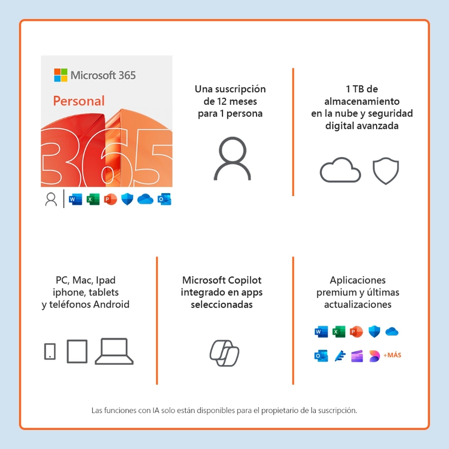 [SWS-3078] ESD MICROSOFT 365 PERSONAL / SUSCRIPCION ANUAL / DESCARGA DIGITAL / 1 USUARIO / 5 DISPOSITIVOS / APLICACIONES: WORD, EXCEL, POWER POINT, OUTLOOK, ONE NOTE, ONEDRIVE, CLIPCHAMP / CON IA COPILOT