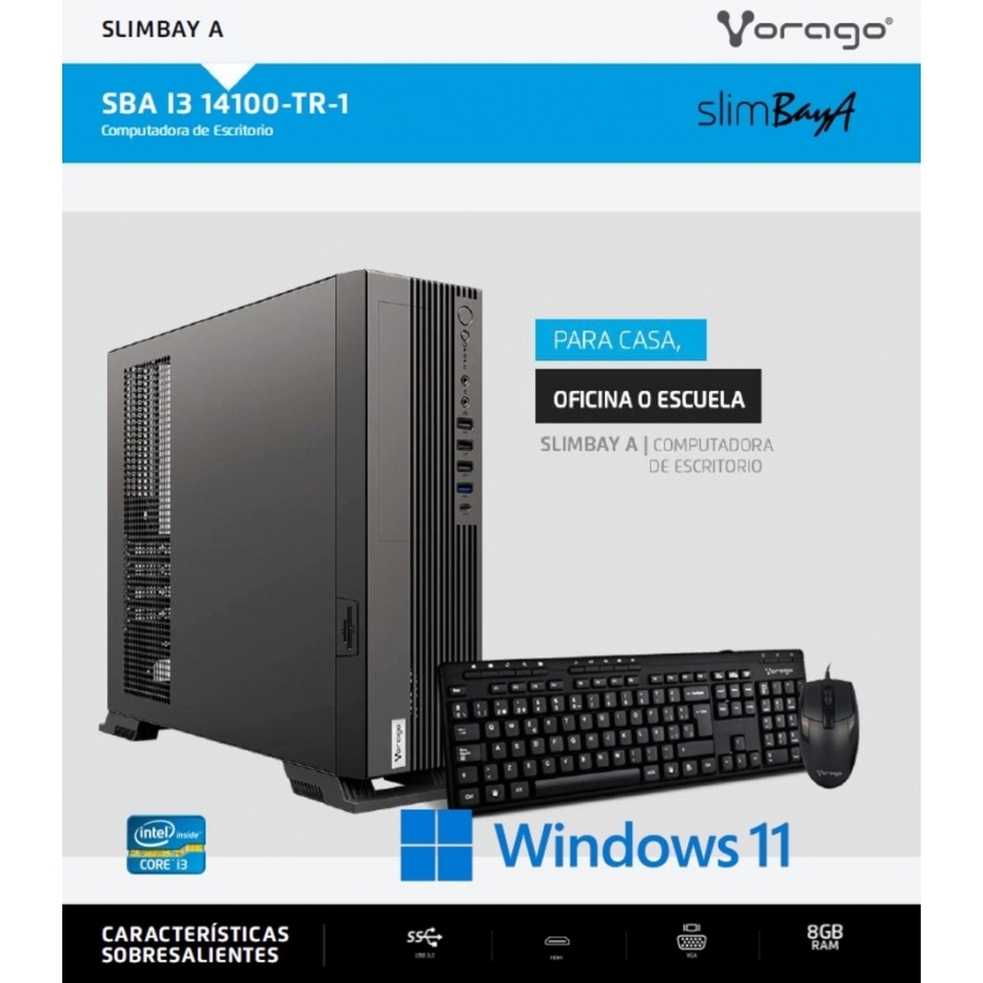 COMPUTADORA VORAGO SLIMBAY A CORE I3 14100 8GB 512GB M.2 NODVD WIN TRIAL